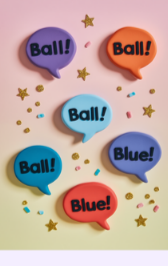 فقاعات كلام طينية ملوّنة بالكلمتَين Ball وBlue — بتصميم بأجواء التطبيق